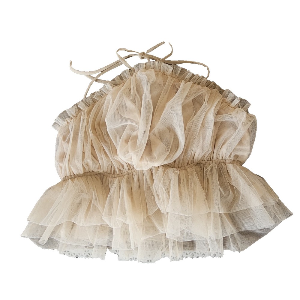 Ruffle Tulle Mesh Halter Tie Crop Top Coquette Girl Sz L Balletcore Cream Beige